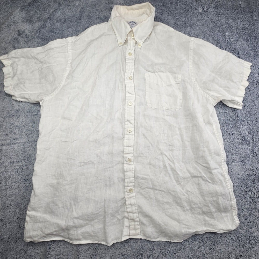 Brooks Brothers 1818 Linen Shirt Men's Large White Short Sleeve Regular Fit